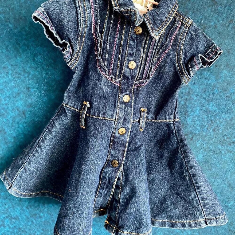 3-6M Vtg Baby Girls Carter's Watch the Wear Jean Denim Dress Embroidery Accents